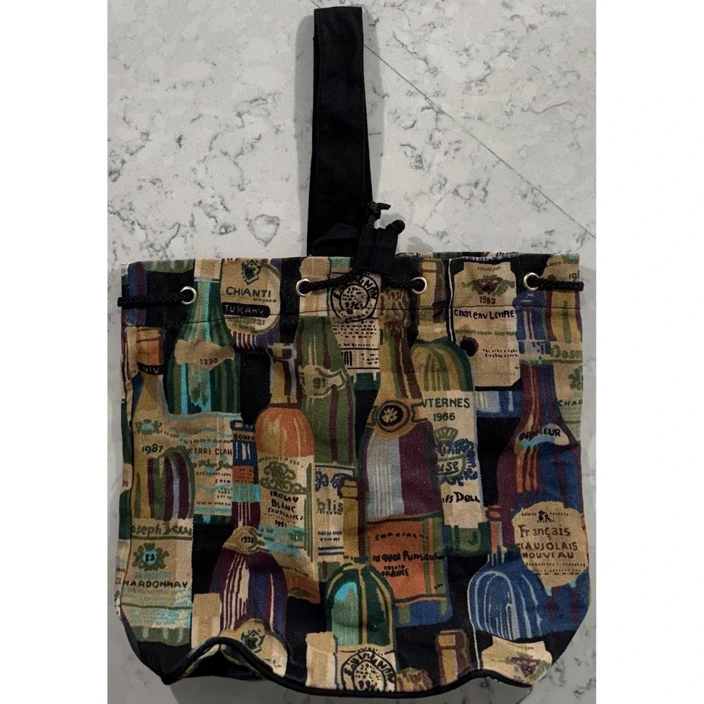 Vintage 90s Wine Bottle Tapestry‎ Tote Bag Chianti Tuscan Grannycore Picnic Boho